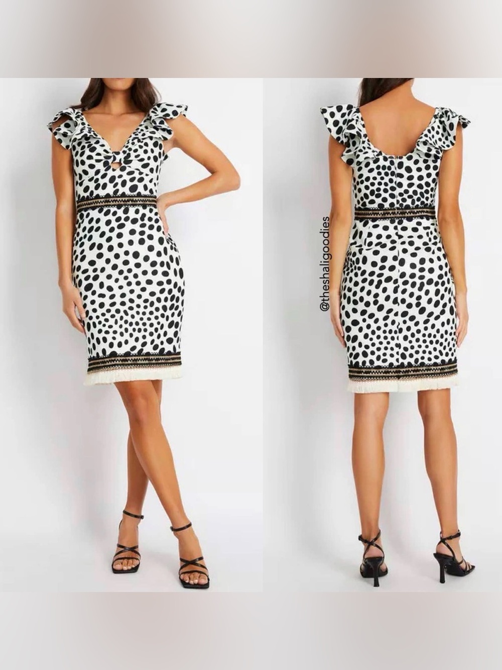 PATBO Bossa Fitted Midi Dress Black White Polka Dot Lace Fringe Boho Chic Sz 6